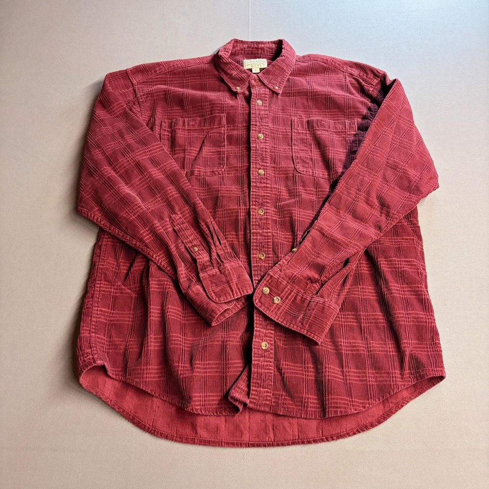 Cabelas Mens XL Tall Burgundy Red Grid Textured Corduroy Button Down Shirt